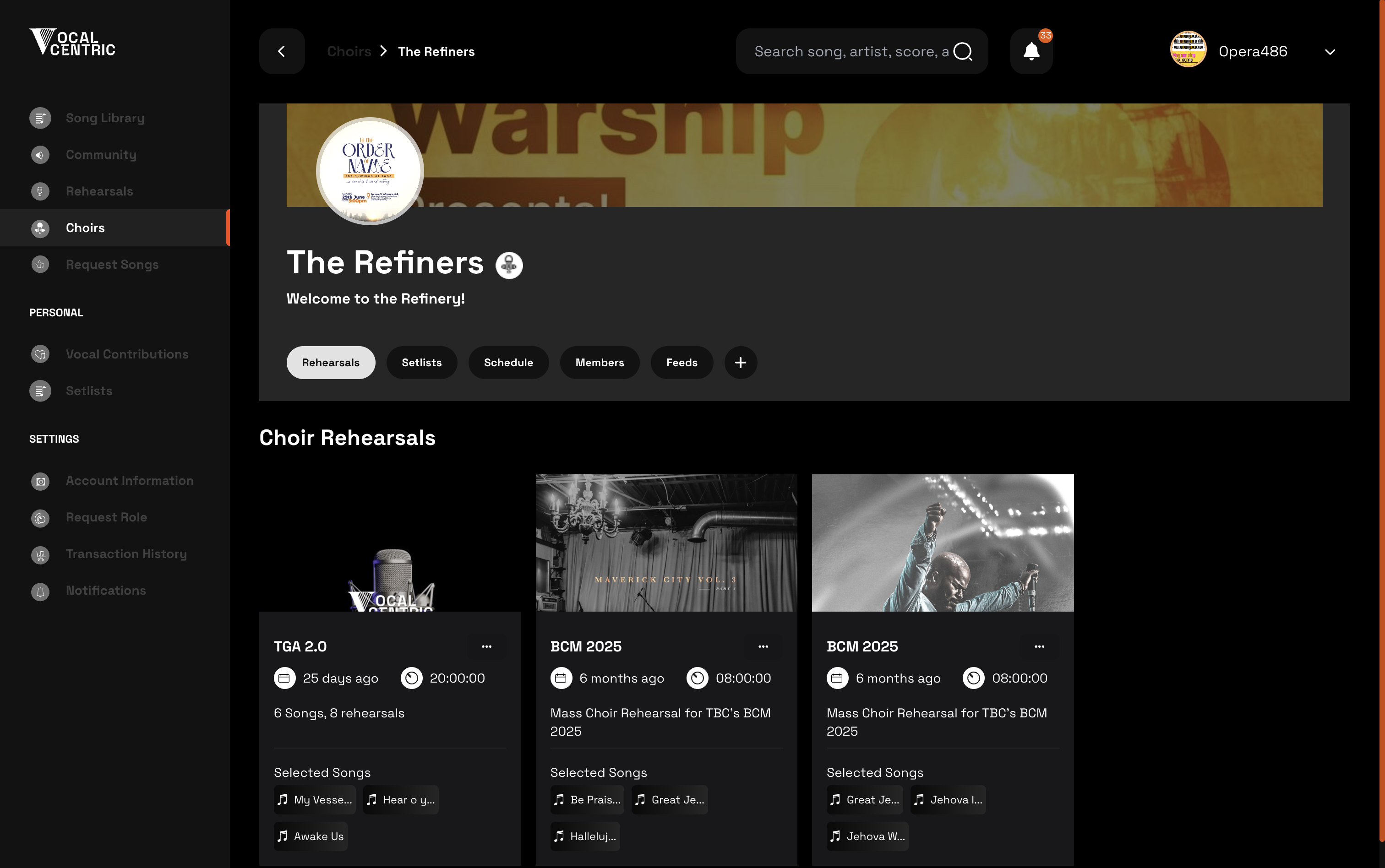 Choir profile hub with rehearsals and shared resource tabs