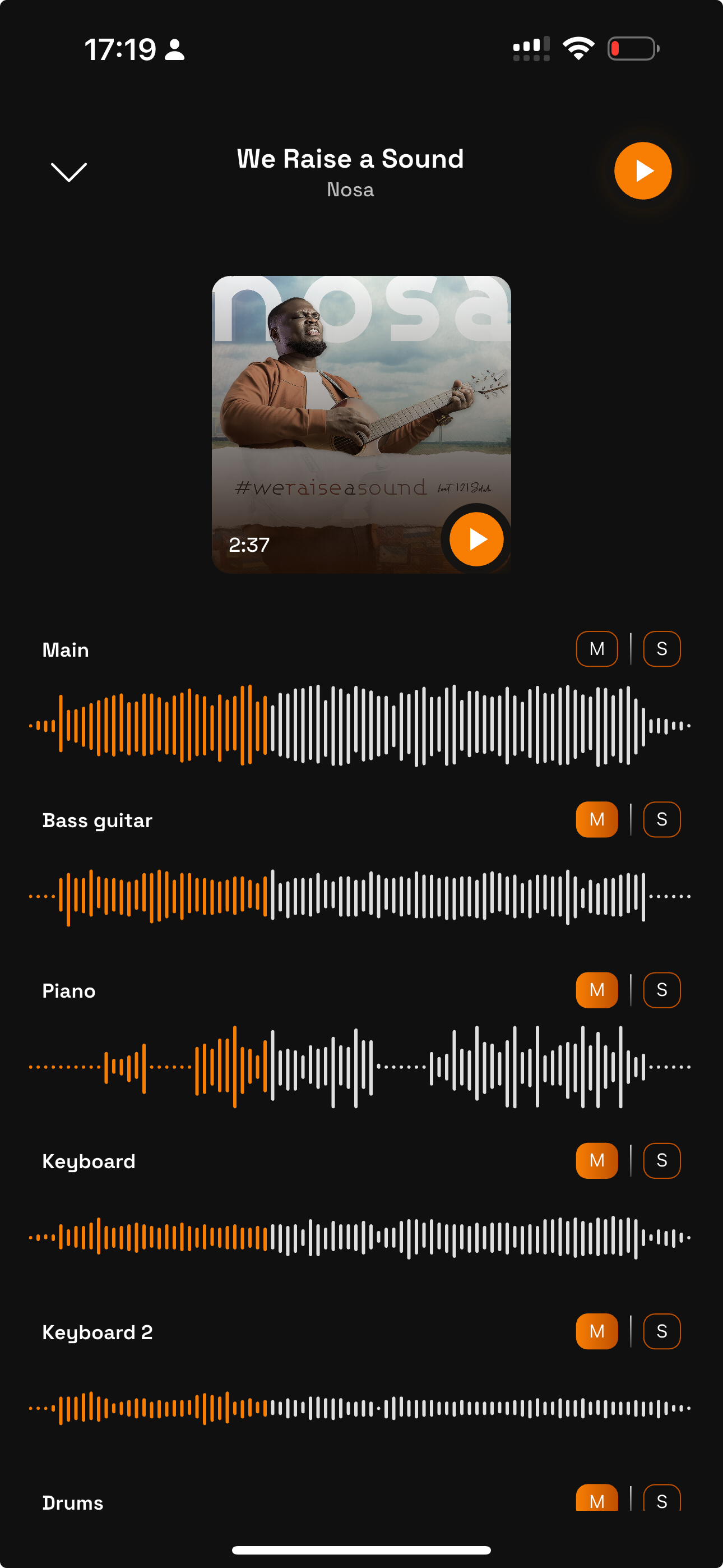 Isolated stem player with part selectors and transport controls (Mobile)