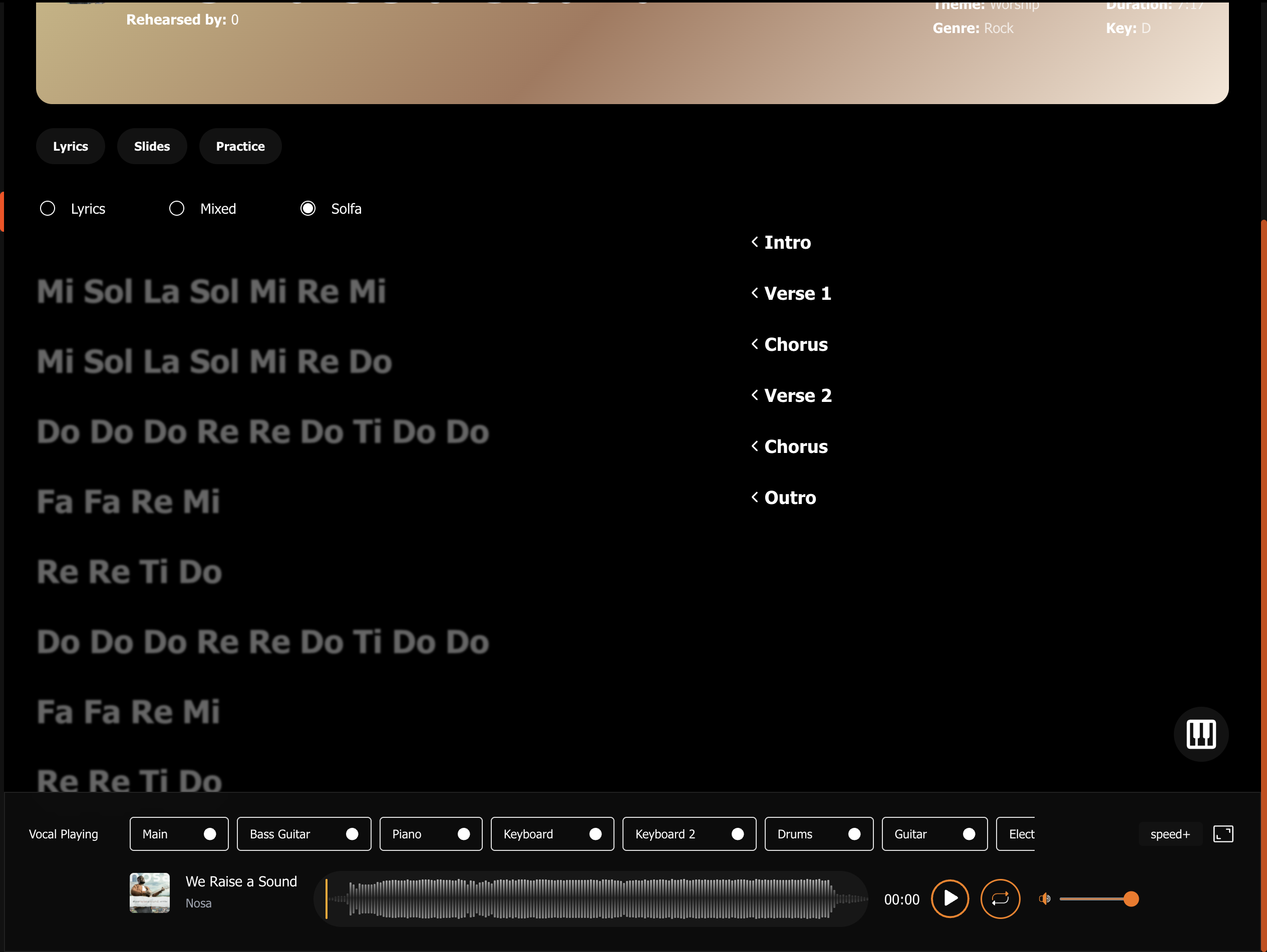 Part-based rehearsal player supporting guided note-learning workflows