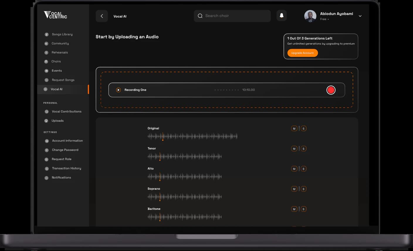 VocalCentric web dashboard