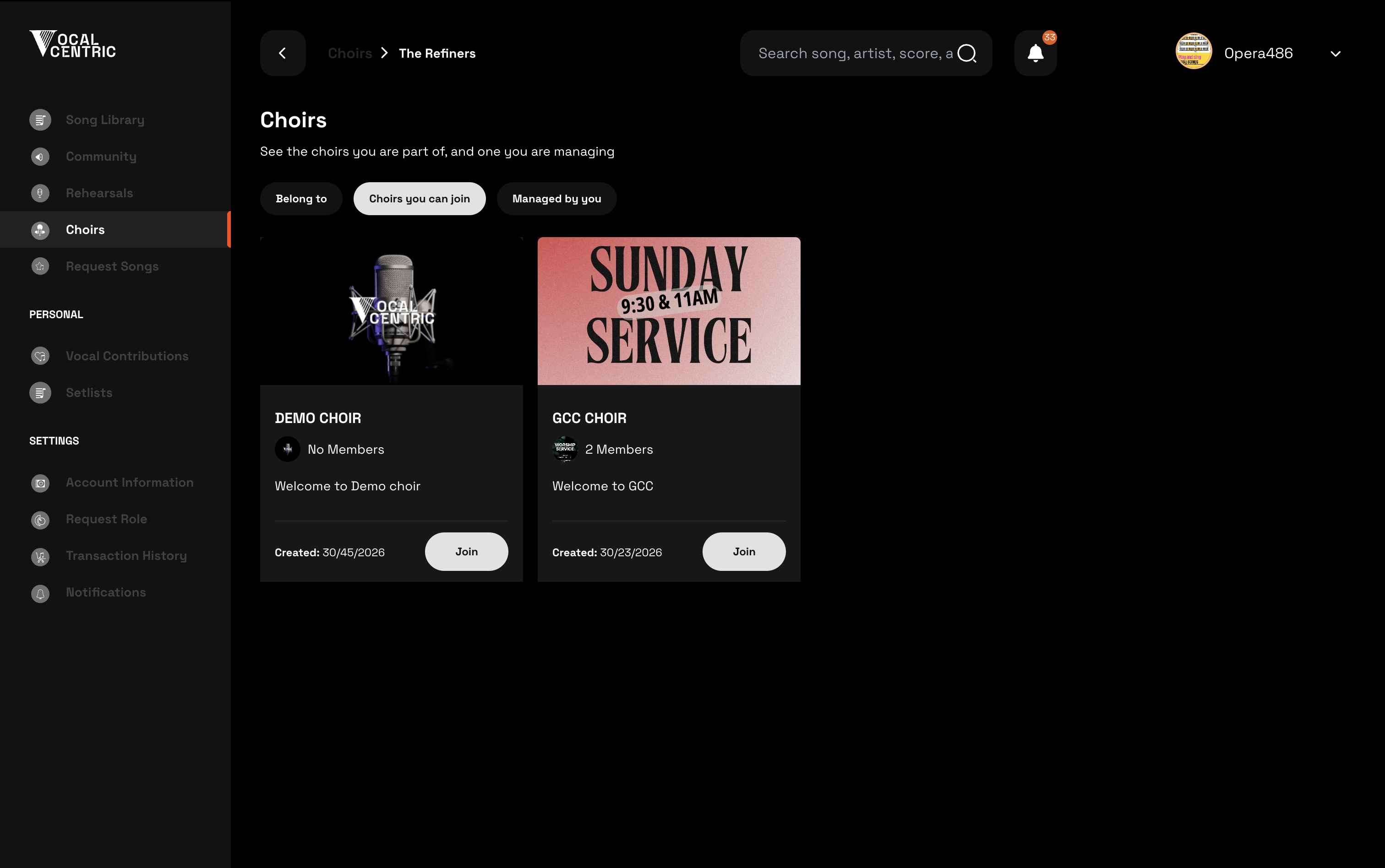 Choirs discovery view with joinable choir cards (Web)