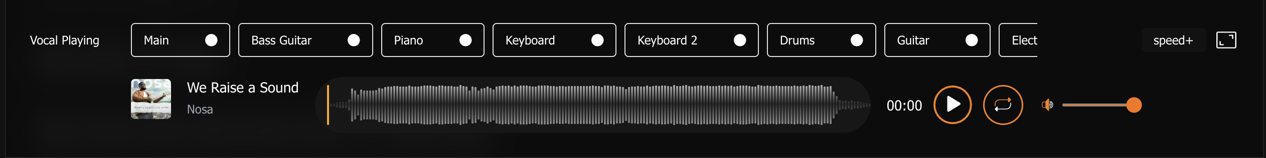 Song library table with rehearsal actions and search in dark mode UI